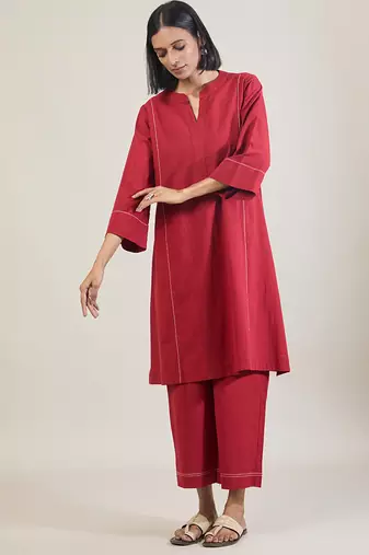 Brick red cotton straight kurta set