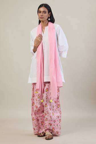 Stark white cotton kurta set with pink dupatta