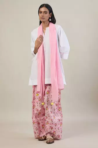 Stark white cotton kurta set with pink dupatta