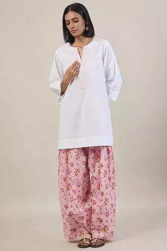 Stark white cotton kurta set with pink dupatta