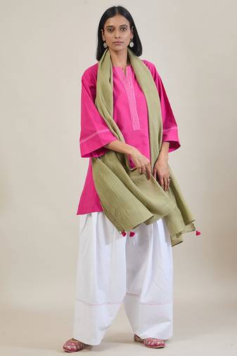 Hot pink cotton kurta set with sage green dupatta