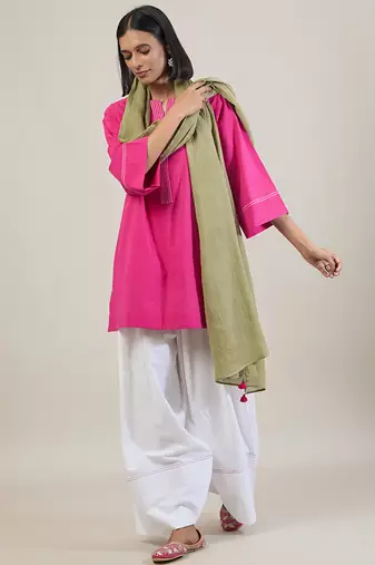 Hot pink cotton kurta set with sage green dupatta