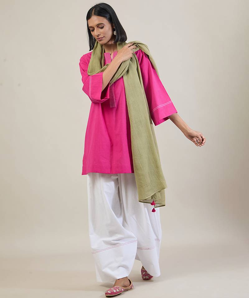 Hot pink cotton kurta set with sage green dupatta