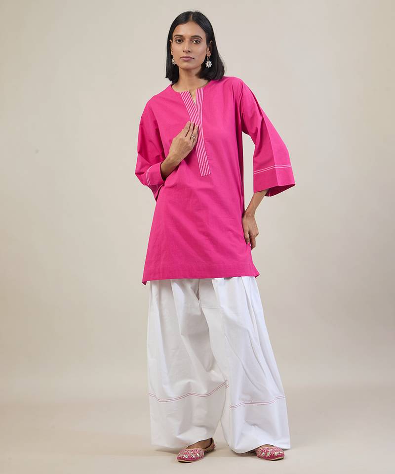 Hot pink cotton kurta set with sage green dupatta