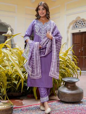 Floral embroidered silk blend round neck kurta trouser & dupatta set 1