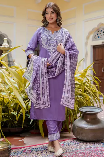 Floral embroidered silk round neck kurta trouser & dupatta set