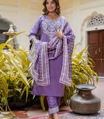 Floral embroidered silk round neck kurta trouser & dupatta set