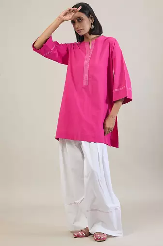 Hot pink cotton kurta set with sage green dupatta