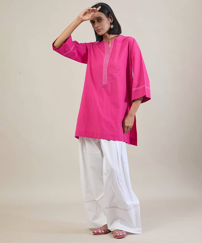 Hot pink cotton kurta set with sage green dupatta