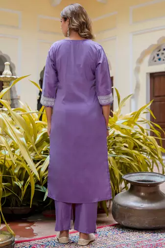 Floral embroidered silk blend round neck kurta trouser & dupatta set