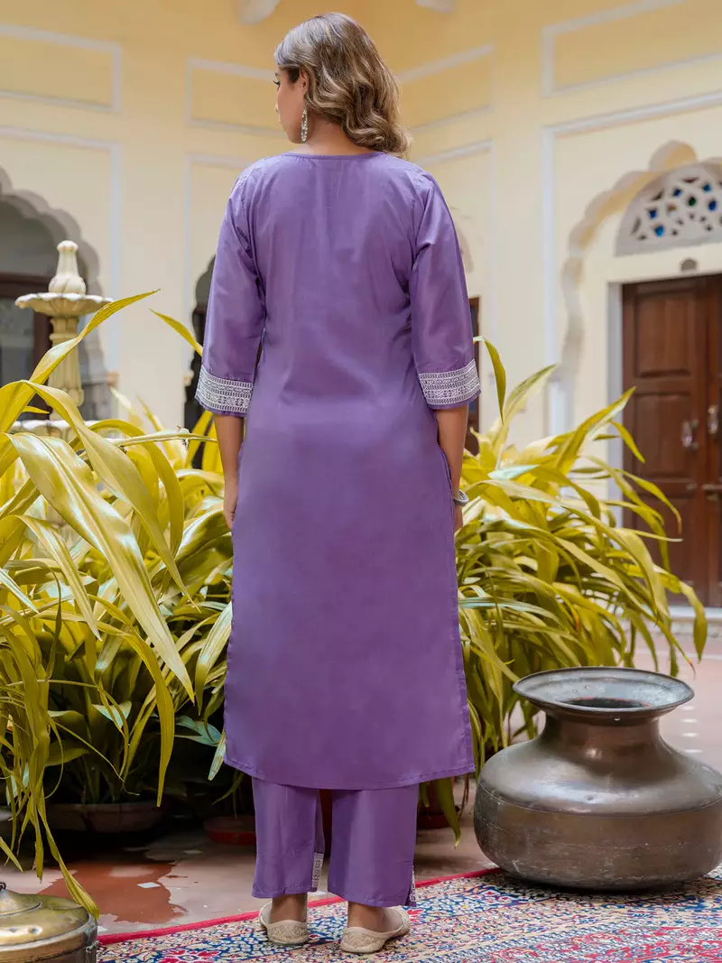 Floral embroidered silk round neck kurta trouser & dupatta set