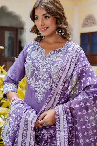 Floral embroidered silk blend round neck kurta trouser & dupatta set