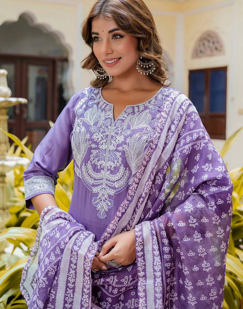 Floral embroidered silk round neck kurta trouser & dupatta set