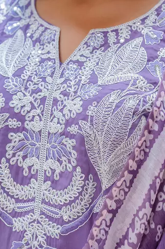 Floral embroidered silk blend round neck kurta trouser & dupatta set