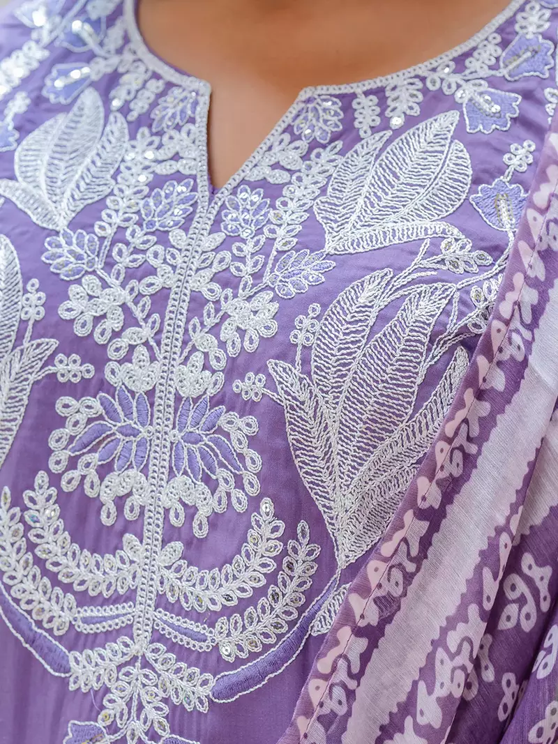 Floral embroidered silk round neck kurta trouser & dupatta set