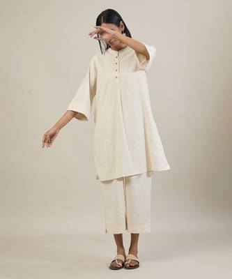 Cream cotton straight kurta set 3