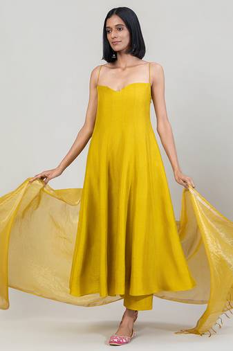 Mustard yellow dola silk anarkali set