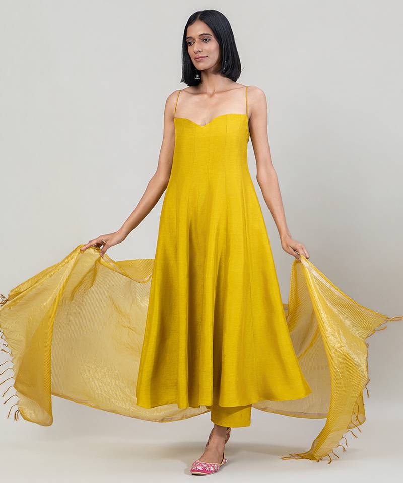 Mustard yellow dola silk anarkali set