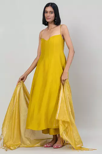 Mustard yellow dola silk anarkali set