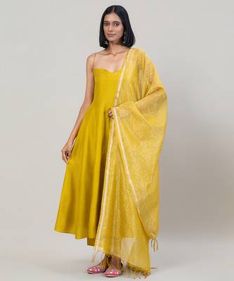 Mustard yellow dola silk anarkali set 3