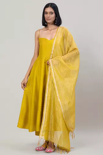 Mustard yellow dola silk anarkali set