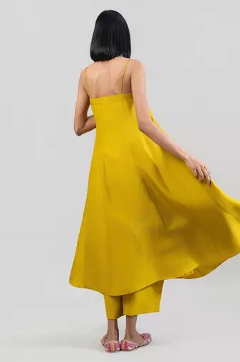 Mustard yellow dola silk anarkali set