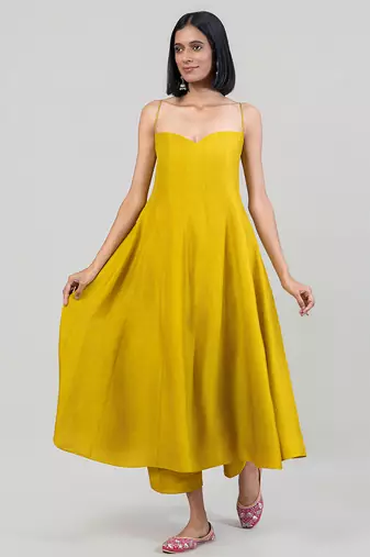 Mustard yellow dola silk anarkali set