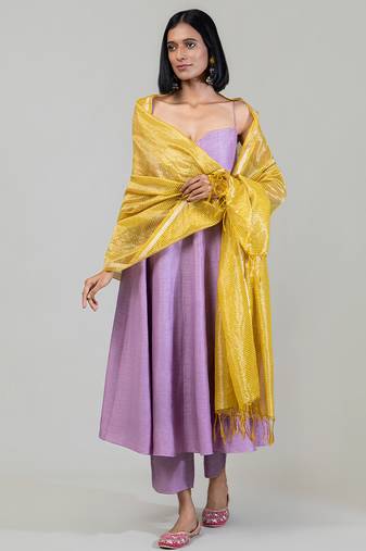 Lilac purple dola silk anarkali with yellow dupatta