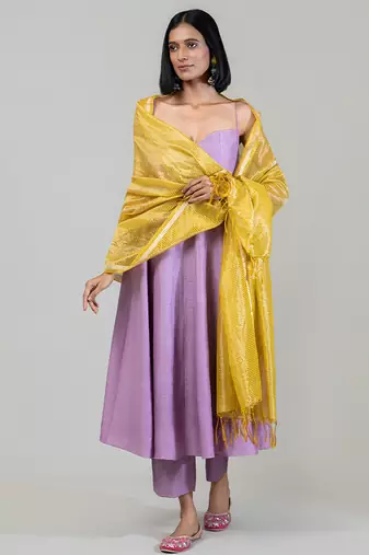 Lilac purple dola silk anarkali with yellow dupatta