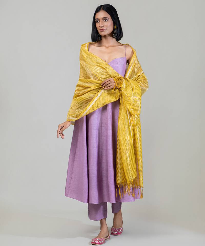 Lilac purple dola silk anarkali with yellow dupatta