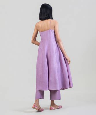 Lilac purple dola silk anarkali with yellow dupatta 2