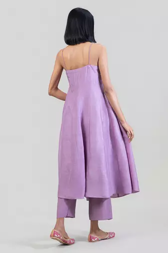 Lilac purple dola silk anarkali with yellow dupatta