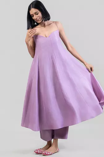 Lilac purple dola silk anarkali with yellow dupatta