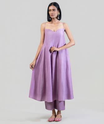 Lilac purple dola silk anarkali with yellow dupatta 4