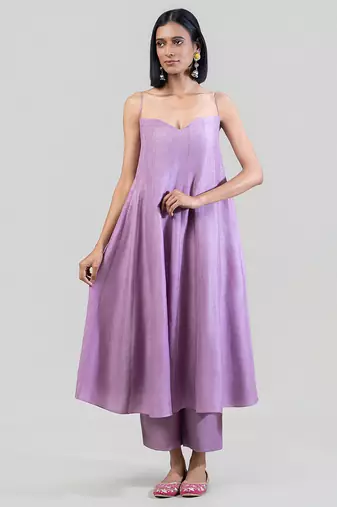 Lilac purple dola silk anarkali with yellow dupatta