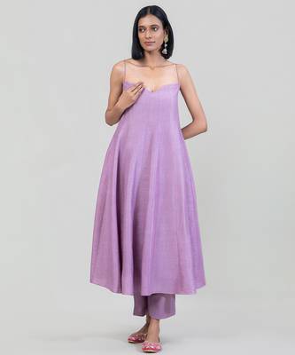 Lilac purple dola silk anarkali with yellow dupatta 5