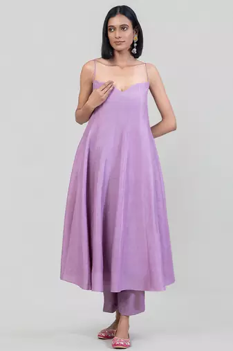Lilac purple dola silk anarkali with yellow dupatta