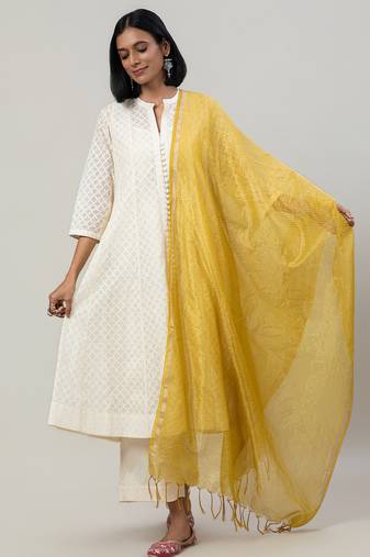 Off white woven jacquard chanderi anarkali set