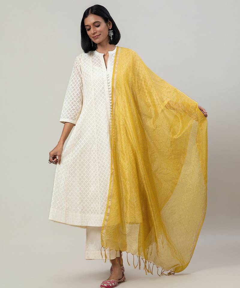 Off white woven jacquard chanderi anarkali set