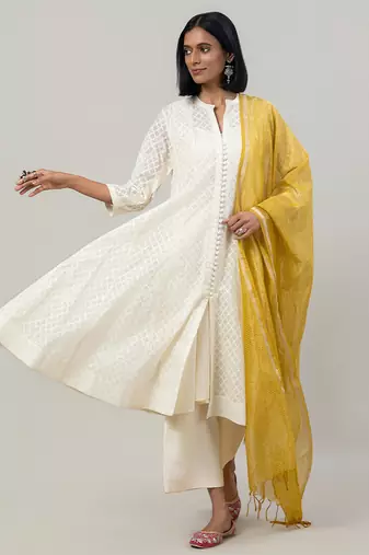 Off white woven jacquard chanderi anarkali set