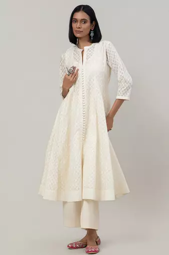 Off white woven jacquard chanderi anarkali set