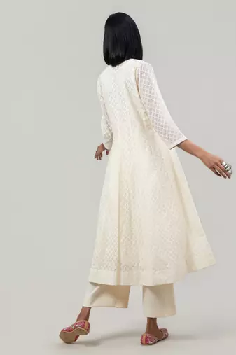 Off white woven jacquard chanderi anarkali set