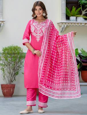 Floral embroidered silk blend round neck kurta trouser & dupatta set 1