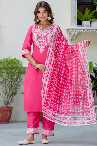 Floral embroidered silk round neck kurta trouser & dupatta set