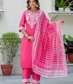 Floral embroidered silk round neck kurta trouser & dupatta set