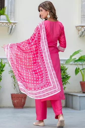 Floral embroidered silk blend round neck kurta trouser & dupatta set