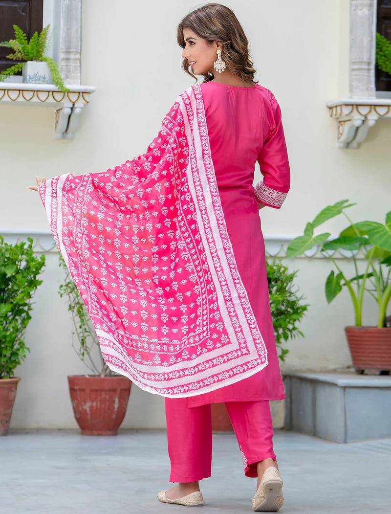 Floral embroidered silk round neck kurta trouser & dupatta set