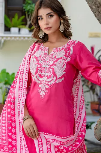 Floral embroidered silk blend round neck kurta trouser & dupatta set