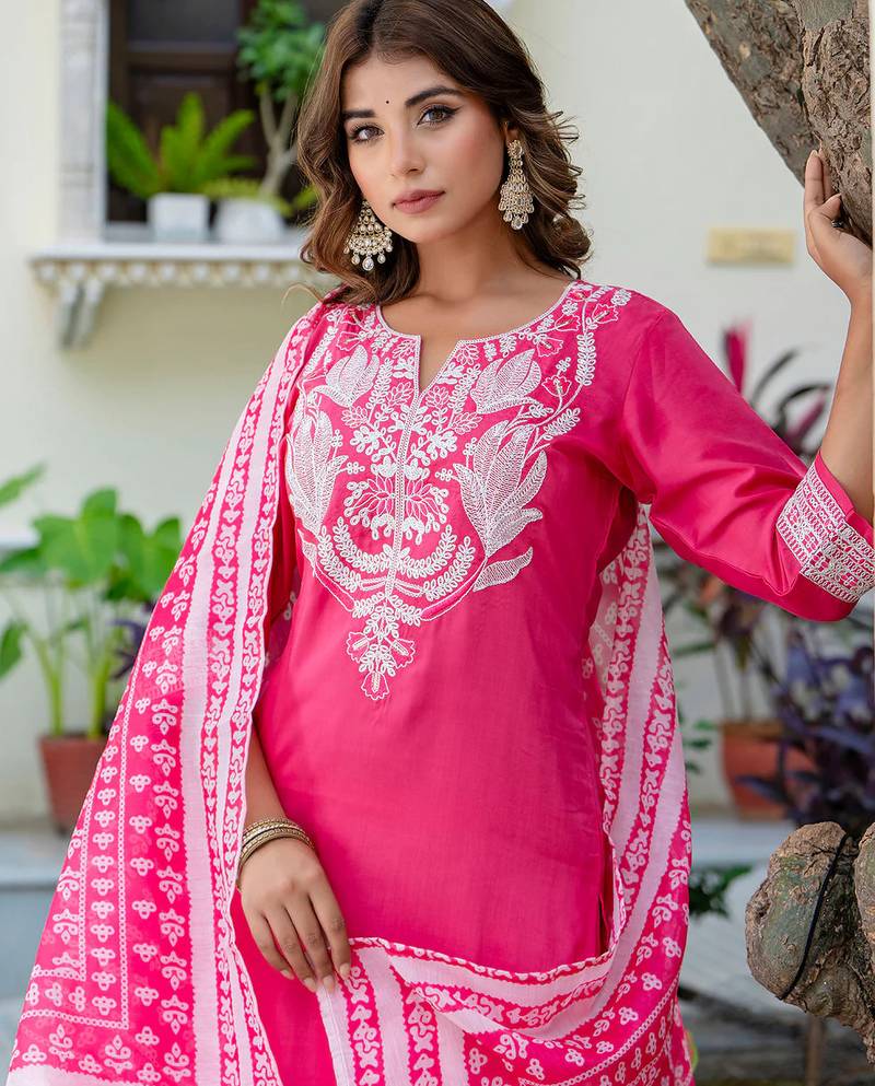 Floral embroidered silk round neck kurta trouser & dupatta set
