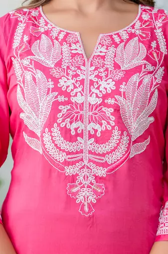 Floral embroidered silk blend round neck kurta trouser & dupatta set